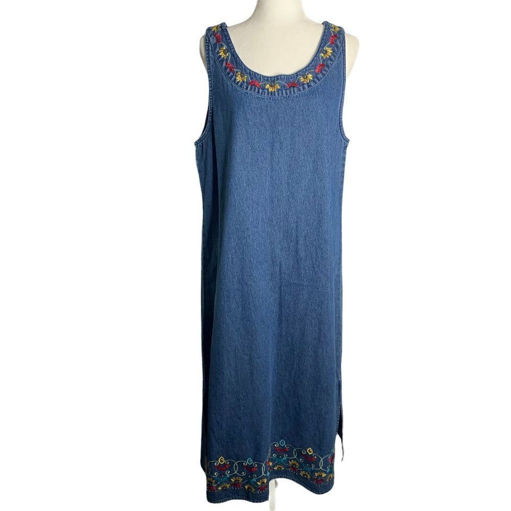 Vintage 90s Denim Pinafore Maxi Dress XL Med Wash Embroidered Studded Pullover